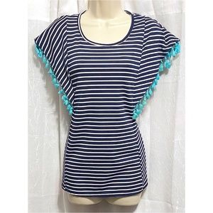 Twenty Second Blue & White Striped Top with Aqua Accented Sleeves sz:S